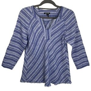 NIC+ZOE Small Blue Stripe Linen‎ Tunic Top Raw Hem Boho Coastal V-Neck Raglan
